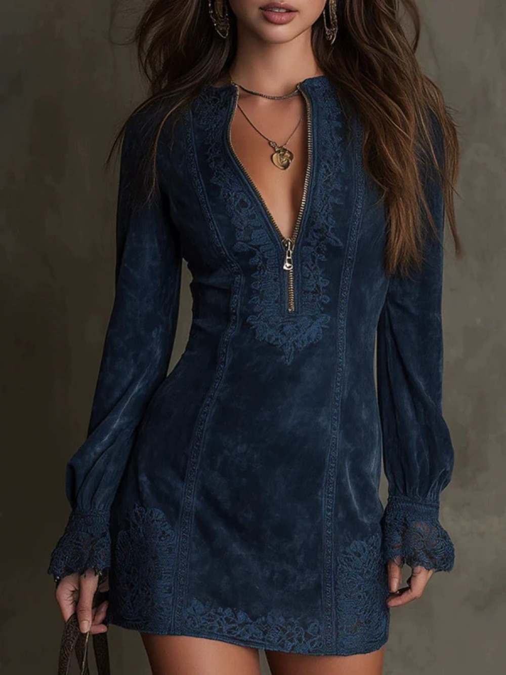 Zipper Lace Patchwork Collar Long Sleeve Loose Embroidered Dress - Picture 4 of 5